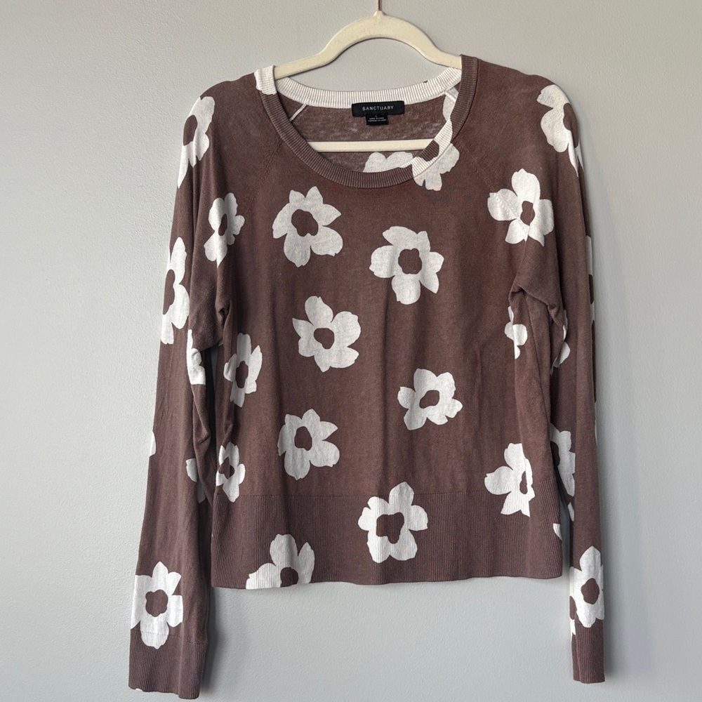 Sanctuary Brown and White Floral long sleeve cotton blend top round neckline - Picture 2 of 9
